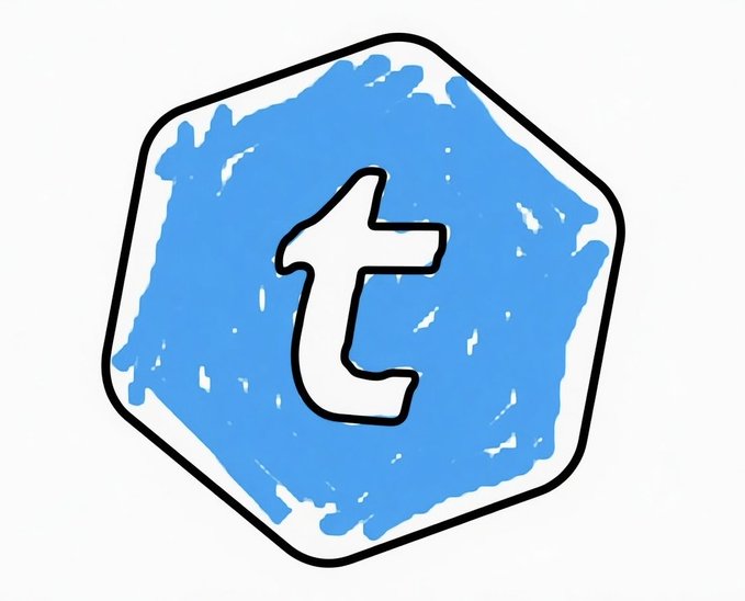 The image features a blue hexagon with the letter "t" written inside of it, which appears to be drawn using a marker or pen. The background of the image is white, making the blue hexagon stand out prominently. The text "t" is positioned in the center of the hexagon and is surrounded by a black outline, giving it a more defined shape compared to the rest of the image.
