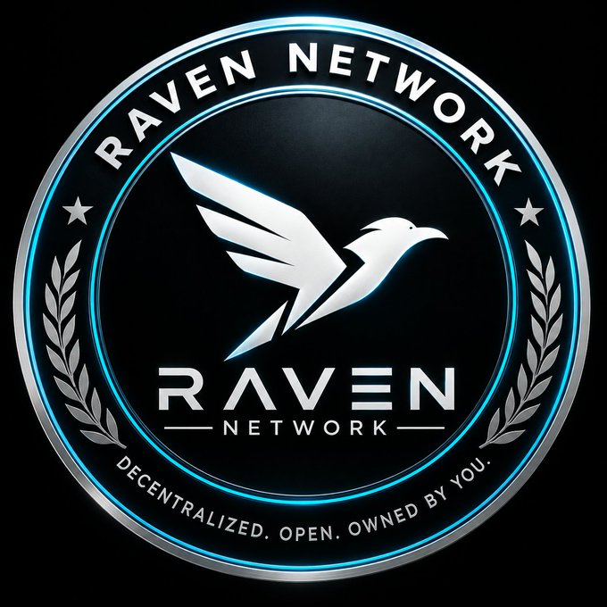 A circular metallic logo for 'RAVEN NETWORK' with a stylized bird design, featuring the tagline 'DECENTRALIZED. OPEN. OWNED BY YOU.' around the bottom edge.