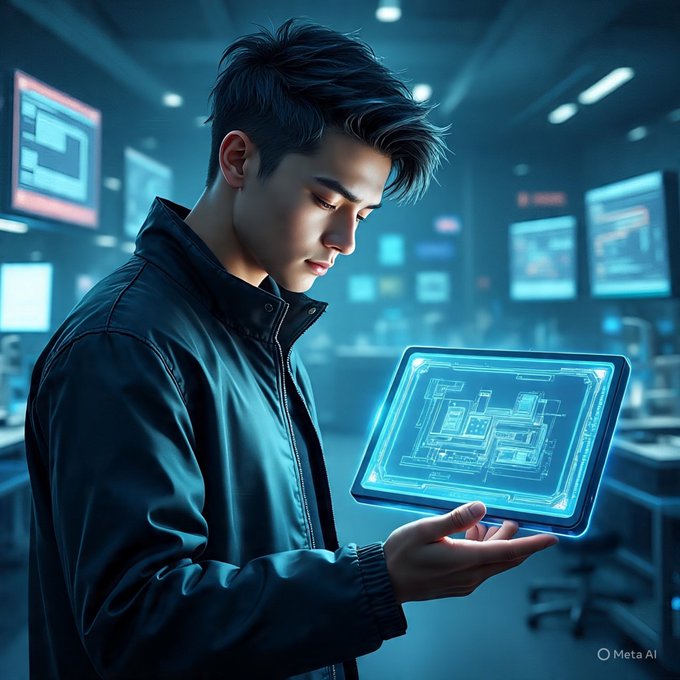 A young man in a black jacket looking down at a glowing blue holographic tablet displaying a technical schematic, set in a high-tech laboratory environment.
