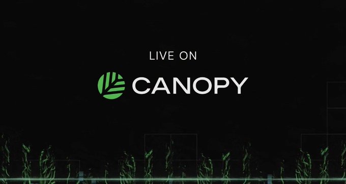A dark screen with green digital plant-like graphics at the bottom and the text 'LIVE ON CANOPY' alongside a green leaf logo in the center.