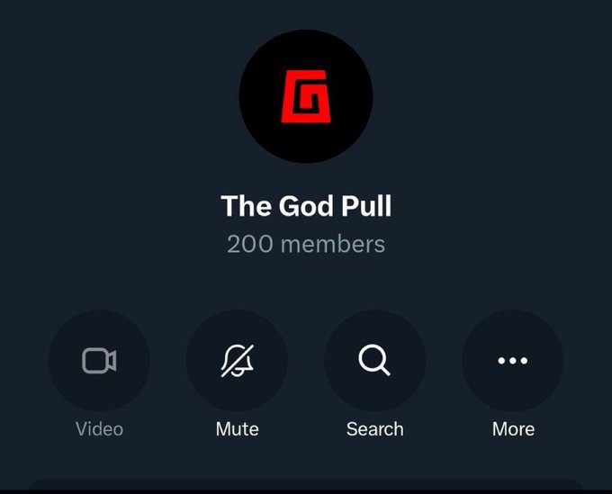 Discord-like server interface titled 'The God Pull' with 200 members and a red 'G' logo, showing Video, Mute, Search, and More options.