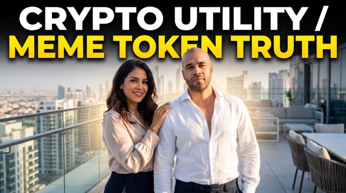 A YouTube thumbnail featuring a smiling couple posed on a high-rise balcony with a city skyline behind them, headlined with the text "CRYPTO UTILITY / MEME TOKEN TRUTH" in bold white and yellow lettering, promoting ValeOracle's new channel covering diverse crypto topics beyond XRP.