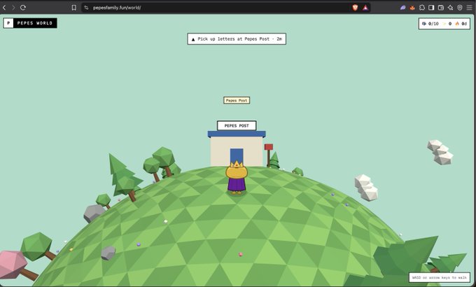 A screenshot of "Pepes Family World" shows a low-poly 3D planet with a Pepe character wearing a crown standing in front of a "PEPES POST" building, with instructions reading "Pick up letters at Pepes Post," illustrating the early-access NFT-based game world where players deliver letters with their on-chain Pepe characters.