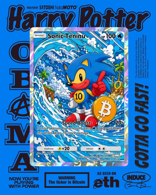 A digital trading card titled 'Sonic Teninu' featuring Sonic the Hedgehog holding a Bitcoin coin, styled as a parody Pokémon card with the text 'Powered by SATOSHI NakaMOTO' and various crypto memes.