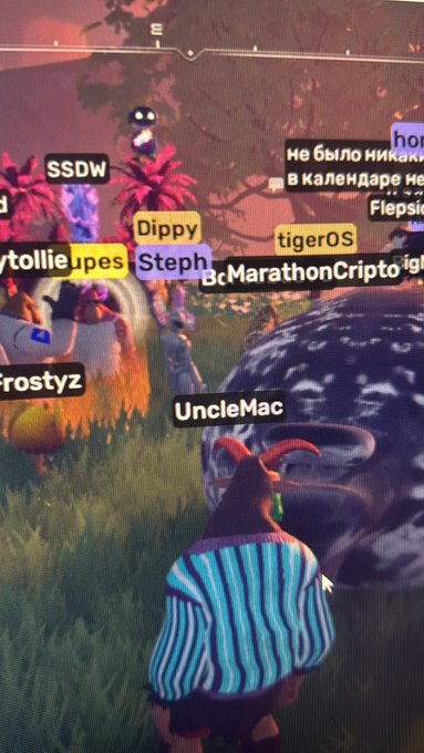 The image shows a person wearing a blue striped shirt standing in front of a large rock, with a computer screen behind them displaying a chat window filled with text. The text includes mentions of "Dippy", "Steph", "TigerOS", "BCM", and "Marathon Crypt". The post also contains the names @acdupes Bubble on bubbles.one and @apecoin on @apechain, suggesting that this person is engaged in a conversation related to cryptocurrency or gaming with others online.