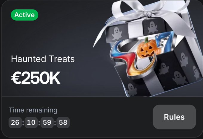 A promotional graphic for an 'Active' campaign titled 'Haunted Treats' offers a €250K prize pool with 26 days, 10 hours, and 59 minutes left, featuring a gift box containing a fluid logo and a pumpkin.