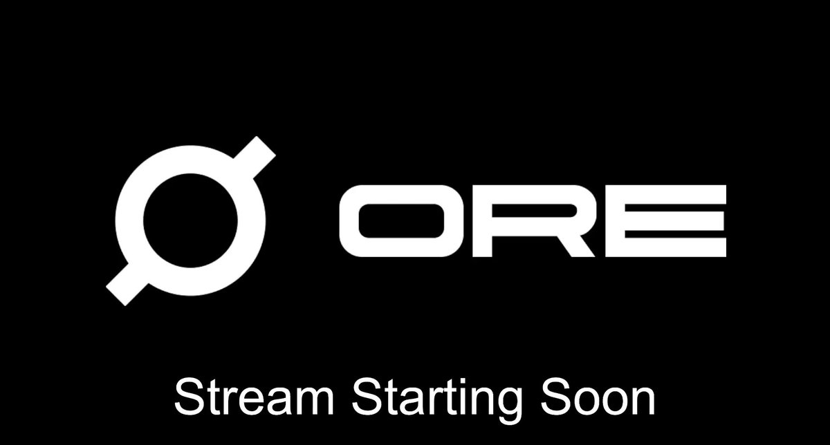 The image shows a logo for an online streaming platform called Stream Starting Soon. The logo features a white circle with a black outline, which represents the ORE symbol. Below the logo, there's text that reads "Tune in to the latest Minerside Chat from the ORE Discord". This message is related to the streaming platform and encourages users to join the ongoing discussion by following the provided link or using the provided chat ID.