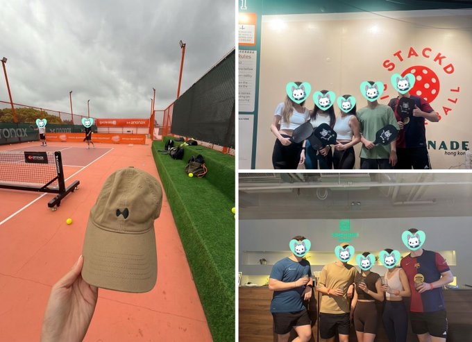 A collage shows a pickleball court where a tan cap is held up in the foreground, alongside two group photos of participants wearing Hyperliquid-branded merchandise posing at "STACKD" and another venue with their faces covered by cartoon stickers. The images illustrate the post's caption about the Hyperliquid HK community transitioning from online connections to in-person pickleball and padel meetups away from their screens.