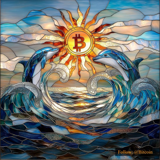 A stained glass-style artwork depicts two dolphins leaping from ocean waves beneath a radiant sun featuring the Bitcoin "₿" symbol, visually symbolizing Bitcoin's prominence over traditional finance. The watermark reads "Follow: @Bitcoin," and the accompanying post notes the price "$63,721.00 #Bitcoin."