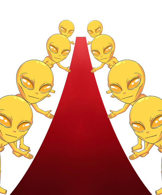 An illustration of multiple yellow alien-like creatures with large orange eyes lining both sides of a red carpet, appearing to welcome someone.