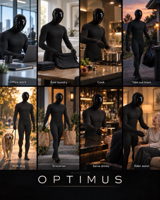 A promotional poster titled "OPTIMUS" by THEBLACKOMEGA, depicting a sleek black humanoid robot performing eight daily tasks including office work, cooking, walking a dog, and elder assist.