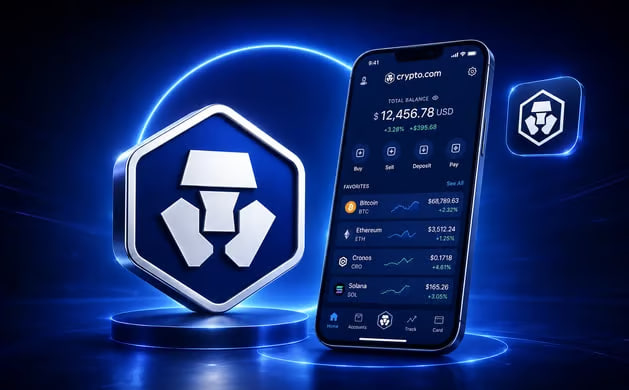 A smartphone displaying the Crypto.com app interface shows a total balance of $12,456.78 USD with holdings in Bitcoin ($68,789.62), Ethereum ($3,012.24), Cronos (CRO), and Solana, alongside the platform's blue lion shield logo. The image visually reinforces the post's message that Crypto.com's most valuable features, like DeFi Yield opportunities, are exclusively available on the mobile app rather than the web version.