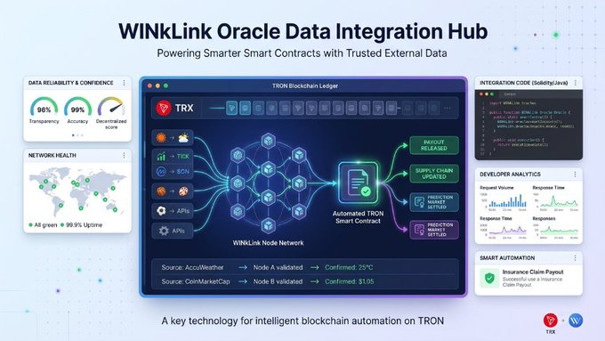 Infographic titled 'WINkLink Oracle Data Integration Hub' illustrating how external data sources like AccuWeather and CoinMarketCap feed into the TRON blockchain via smart contracts and node validation.