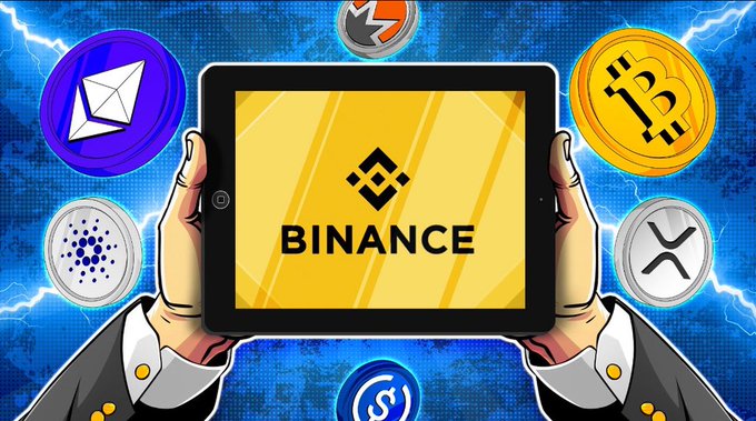 An illustration of hands holding a tablet displaying the Binance logo, surrounded by various cryptocurrency coins including Ethereum and Bitcoin.