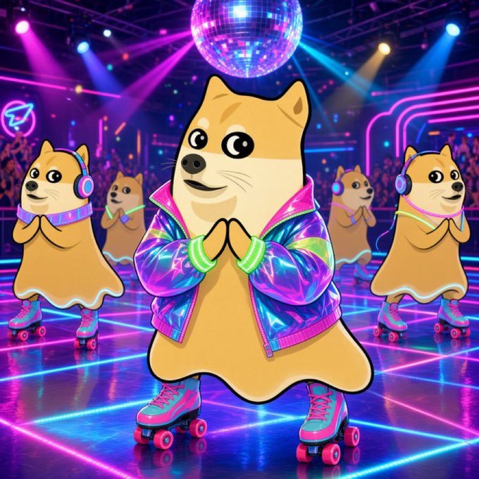 A cartoon illustration of a Doge (Shiba Inu) character wearing a colorful retro jacket and roller skates, posing with hands together on a neon-lit disco dance floor under a disco ball.