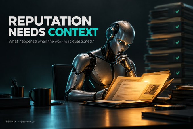 A digital artwork of a humanoid robot in headphones reading a document at a desk, with text reading 'REPUTATION NEEDS CONTEXT - What happened when the work was questioned?'