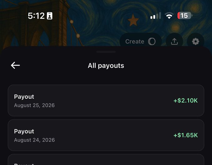 The image shows a mobile app screen titled "All payouts" displaying payout transactions: +$2.10K dated August 25, 2026, and +$1.65K dated August 24, 2026. This aligns with the post's reference to claiming payouts, visually reinforcing the user's celebration of earning rewards through the Pumpfun app.