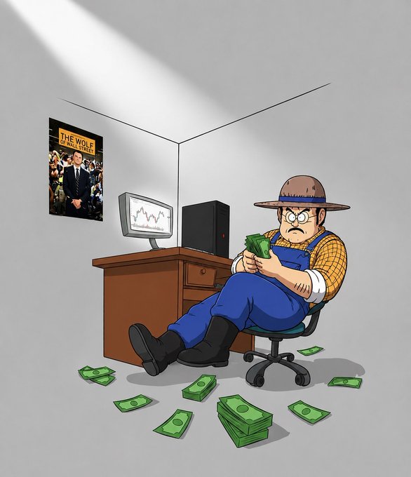 A cartoon illustration of a farmer in blue overalls and a straw hat sitting in an office chair counting cash, with money scattered on the floor and a 'The Wolf of Wall Street' poster on the wall.