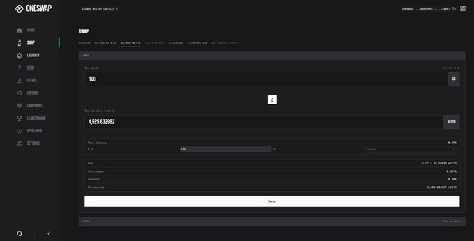 A screenshot of the OneSwap cryptocurrency exchange interface, showing a swap interface with amounts in USDC and METIS.