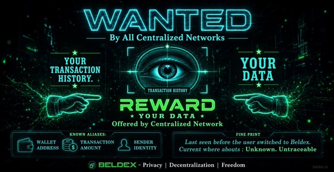 A cyberpunk-themed advertisement graphic titled 'WANTED By All Centralized Networks' promoting Beldex, featuring an eye scanning transaction history and offering a reward for 'YOUR DATA' and 'YOUR TRANSACTION HISTORY.'