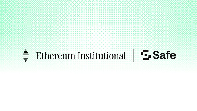 The image displays a partnership graphic featuring the logos of "Ethereum Institutional" and "Safe" against a green halftone-dotted background, visually representing the collaboration highlighted in the post about supporting secure, programmable accounts for institutional Ethereum adoption.