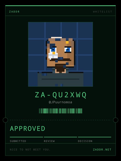 A digital whitelist approval card from ZADDR for user 'ZA-QU2XWQ' (@Jpuurnomoa) featuring a pixel art character avatar and marked as 'APPROVED'.