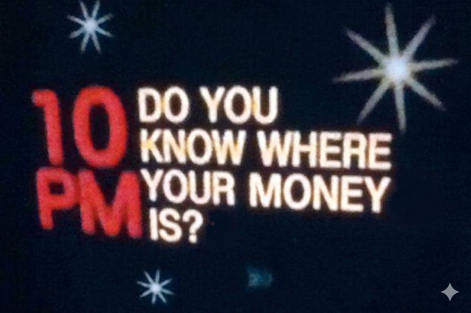 The image features a black background with white text that reads "10 PM, do you know where your money is?" The text is accompanied by a starburst design, which adds visual interest to the scene. The image also includes a question about the location of one's funds in the context of DeFi (decentralized finance).