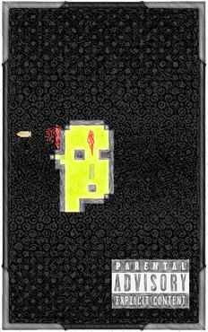 The image shows an album cover with a dark, patterned background and a central yellow and white figure that appears pixelated or glitch-like, with red dripping elements. A "Parental Advisory Explicit Content" label is displayed in the bottom right corner.