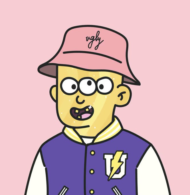 Cartoon illustration of a yellow-faced character with three eyes wearing a pink bucket hat with 'ugly' written on it, and a purple and white varsity jacket with a lightning bolt 'UG' logo.