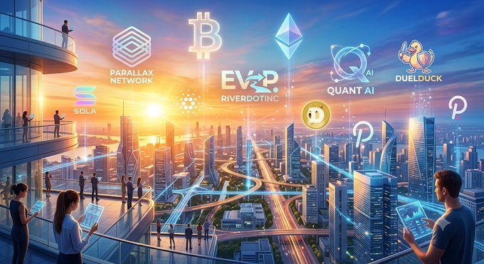 A futuristic cityscape illustration at sunset featuring people on a balcony, with cryptocurrency logos and names floating above including Parallax Network, Bitcoin, Solana, EVP Rivergotic Inc, Quant AI, Duelduck, and others.