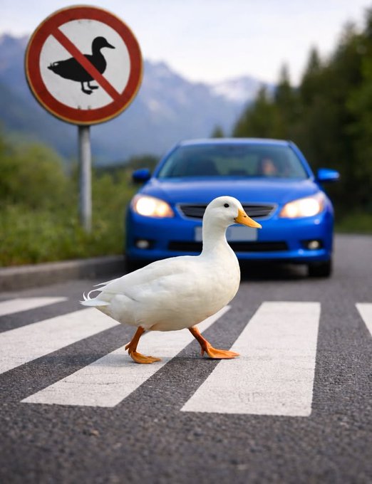 The image features a white duck crossing an asphalt road, with a blue car parked nearby. The scene takes place near a "No Ducking" sign, which indicates that ducks are not allowed to cross this particular street. A person can be seen in the background of the photo, possibly observing or waiting for the duck to pass by safely.