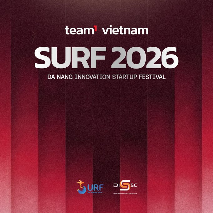 A promotional graphic for the "SURF 2026 – Da Nang Innovation Startup Festival," featuring the "team¹ vietnam" branding and logos for SURF and DISC (Da Nang Innovation Startup Center) against a red background, representing the event that AvaxTeam1 will attend to engage with Vietnam's innovation community.