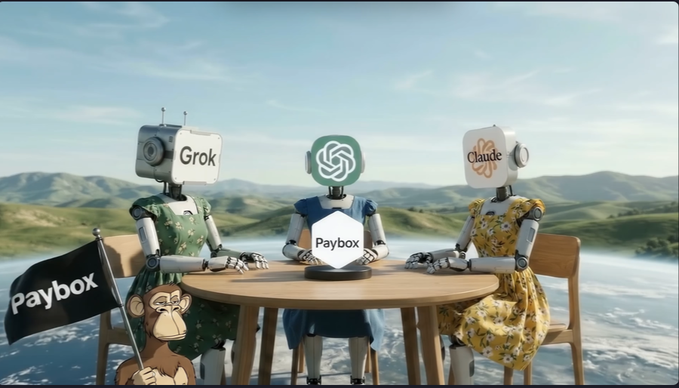An illustration of three robots representing 'Grok', an AI logo, and 'Claude' sitting at a table together, with a small monkey holding a 'Paybox' flag.