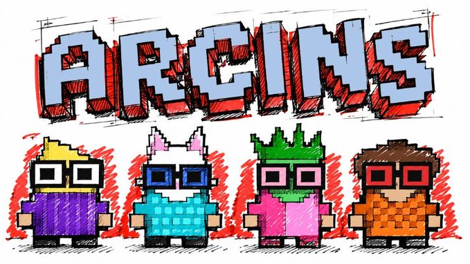 A vibrant, hand-drawn style graphic with the word 'ARCINS' in large red and blue letters at the top, above four pixelated cartoon characters wearing sunglasses in yellow, blue, pink, and brown color schemes.