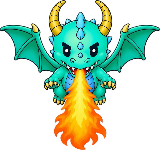 A cartoon illustration of a cute teal baby dragon with yellow horns and wings, breathing a large plume of orange and yellow fire.