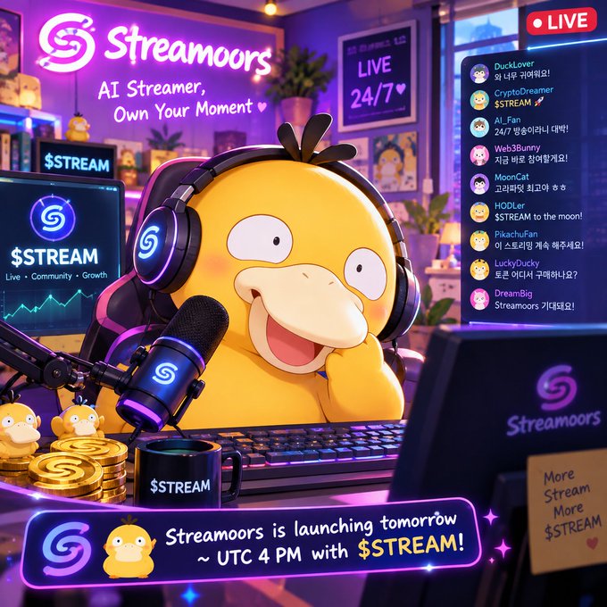 A promotional image for 'Streamoors' features a Psyduck wearing headphones as an AI streamer, announcing the launch tomorrow at UTC 4 PM with $STREAM, alongside a live chat window with multilingual messages.