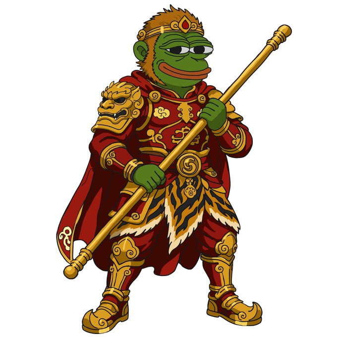 An illustration of a green Pepe the Frog character depicted as Sun Wukong (the Monkey King), wearing ornate red and gold armor with a cape and holding a golden staff.