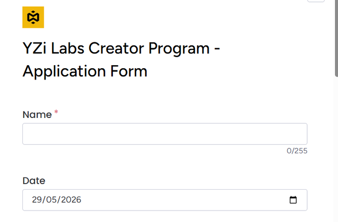 The image features a screenshot of an application form for a creator program, with the title "YZI Labs creator program - Application form" displayed at the top. The form appears to be dated on May 26th, 20026, and was created on Monday, January 24th, at 12:25 pm.