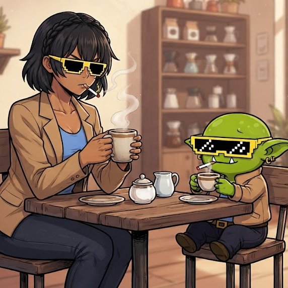 An anime-style illustration of two characters wearing pixelated sunglasses and smoking cigarettes while drinking from white teacups at a wooden table in a cozy café setting.