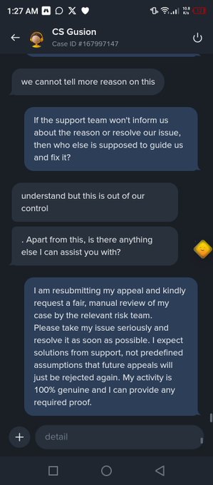 Instagram message screenshot with CS Gusion (Case ID #167997147) where the user resubmits an appeal requesting a fair manual review of their case.