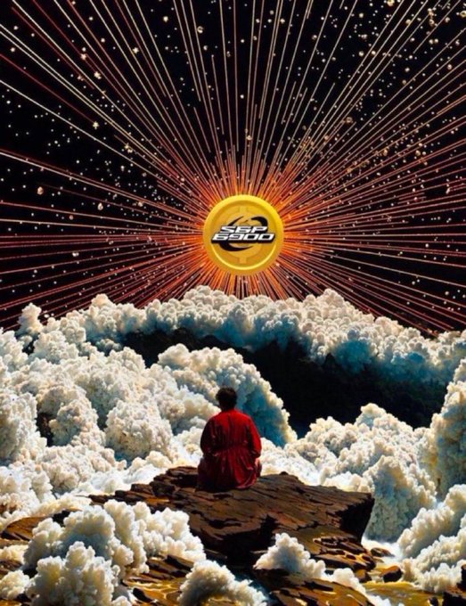 Surreal digital artwork showing a figure in red robes meditating on a rocky outcrop above clouds, facing a radiant sun-like sphere displaying 'S&P 500' with dramatic light rays streaming outward against a starry sky.