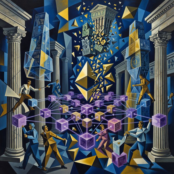 The painting depicts a group of people standing around a large number of cubes, which are connected together with lines. The cubes vary in size and color, creating an abstract pattern. The scene appears to be set within a building or room filled with columns, suggesting that this gathering is taking place in a historical or architectural context.

The painting seems to be inspired by the concept of cryptocurrency, specifically Ethereum, which is known for its blockchain technology. The people in the image are depicted as if they are trading goods and services using the Ethereum network, emphasizing the decentralized nature of the cryptocurrency system. The use of cubes and lines adds a sense of complexity and interconnectedness to the scene, reflecting the intricate web-like structure that underpins the Ethereum protocol.