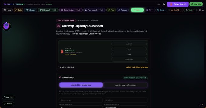 A screenshot of a website titled 'Duckie Terminal' showing a 'Uniswap Liquidity Launchpad' tool for creating fixed-supply ERC20 tokens, with options to switch to Robinhood Chain and create a Token Factory.