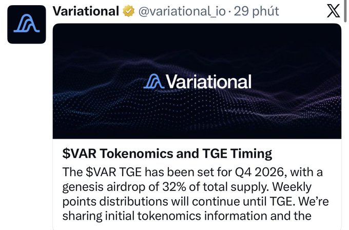 A tweet from Variational (@variational_io) announcing '$VAR Tokenomics and TGE Timing' with details about a Q4 2026 TGE and 32% genesis airdrop.
