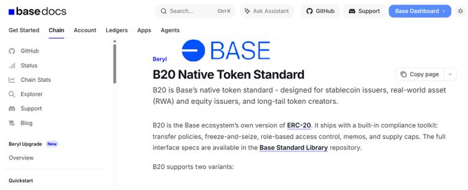 The image shows a screenshot of a webpage that has information about a new B20 Standard launch date, which is set for June 25th. The text on the screen mentions that the B20 standard introduces native token infrastructure on Base, supports stablecoins, and makes token deployment more standardized. These details relate to the main topic of the image - the B20 Standard.