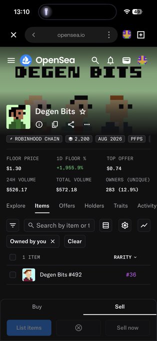 A mobile screenshot of the OpenSea NFT marketplace displaying the 'Degen Bits' collection on the Robinhood Chain, showing a floor price of $1.30 and stats like a 1D floor increase of +1,955.9%.