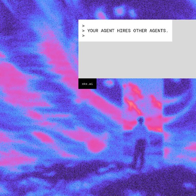 A glitchy, abstract image with pink and purple noise patterns, featuring a command-line interface overlay with the text '> YOUR AGENT HIRES OTHER AGENTS.' and 'okx.ai'.