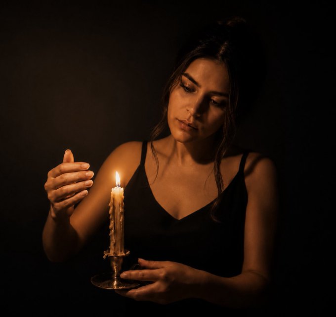 A woman in a black top gazes softly at a lit candle she holds in a brass holder, her other hand raised near the flame—mirroring the post's "Born From My Own Flame" theme of self-made inner light. The intimate chiaroscuro lighting and quiet ritual of holding fire embody the message of survival, softness, and rebirth on her birthday.