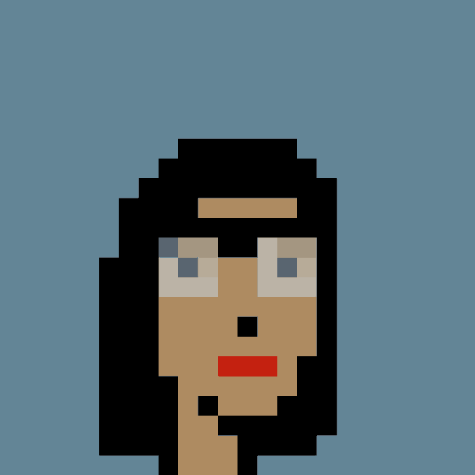 A pixel art portrait of a person with dark hair, tan skin, blue eyes, and red lips set against a solid gray-blue background.