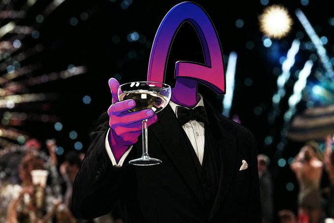 A surreal 3D rendering of an anthropomorphic figure with a pink-to-blue gradient letter "G" for a head, wearing a tuxedo and holding up a coupe glass of white wine at a nighttime celebration with fireworks.